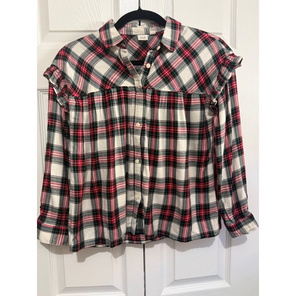 GAP Kids Girls Plaid Ruffled Long Sleeve Button Up Shirt Ivory Red Green Size 10